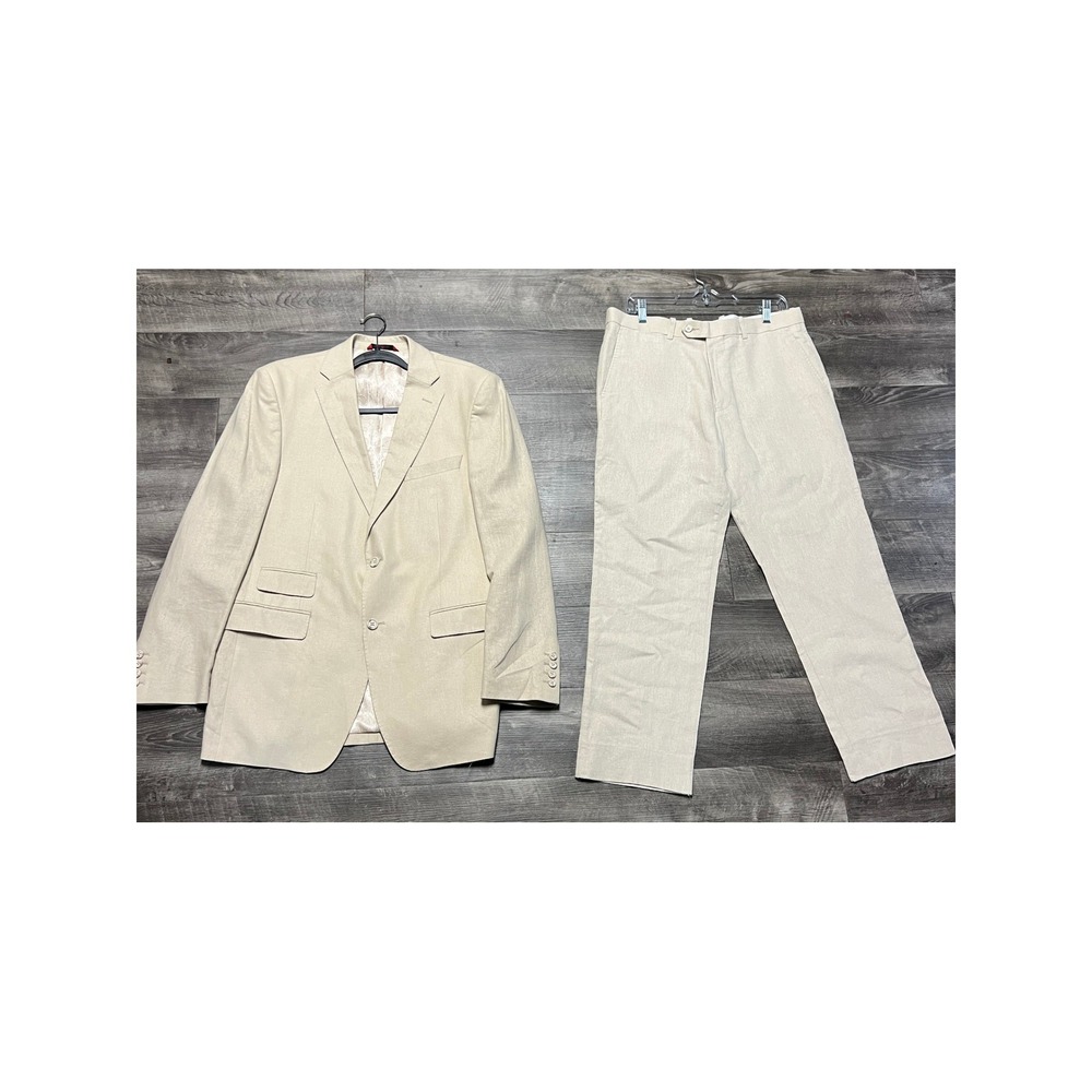 Bianco Brioni Suit Mens 42R 34 Beige Linen Blend 2 Button Blazer Pants Set Cream